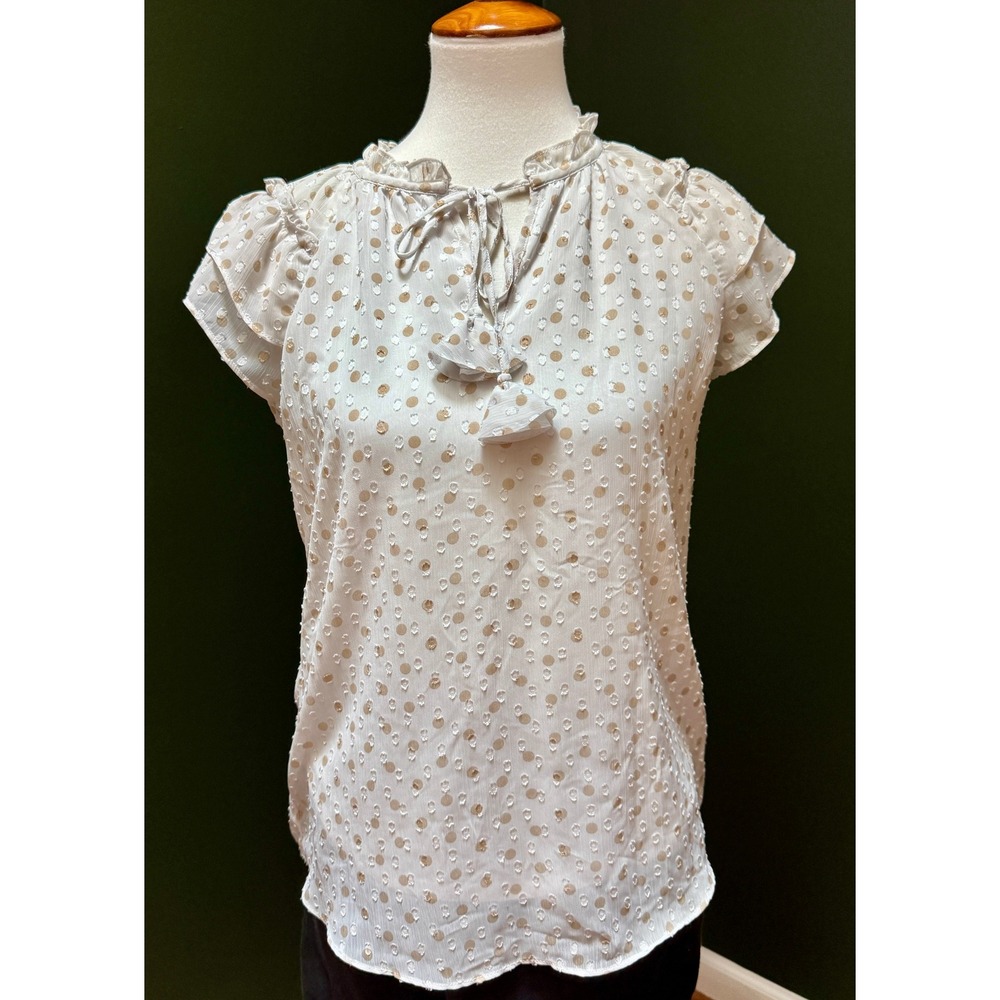 Haver & Blair Polka Dot Ruffle Neck‎ Tie Short Sleeve Blouse Women's Size S
